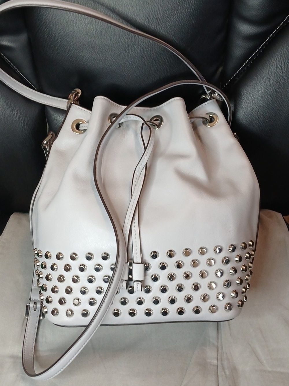 Michael Kors Grey Leather Studded Bucket Bag With Detachable Long Strap
